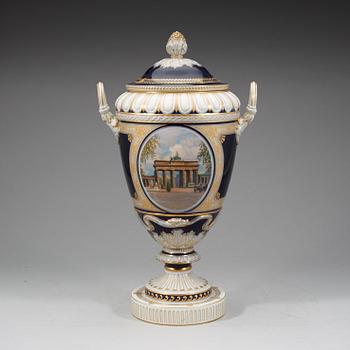 A large Berlin vase with cover, 19th Century.
