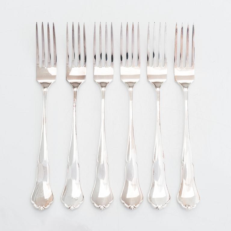 Bestickuppsättning, 18 dlr, silver, "Chippendale", Auran Kultaseppä, Åbo 1988. I besticklåda.