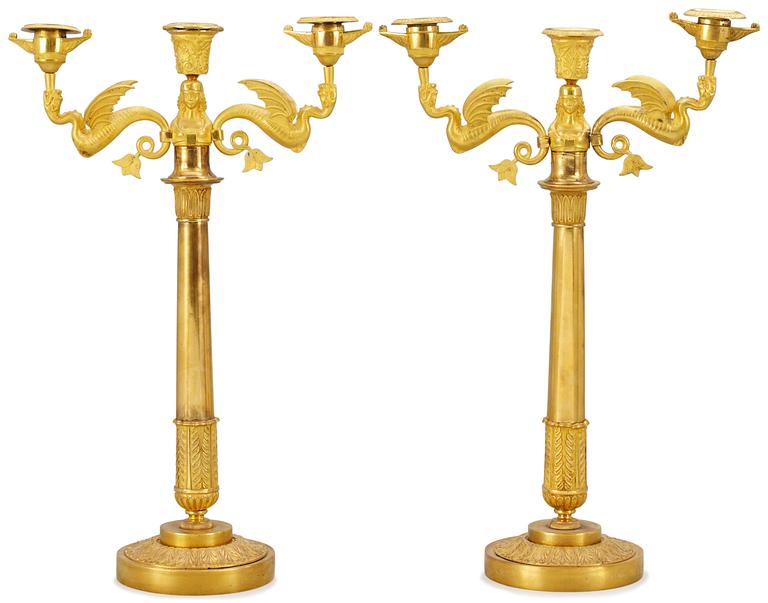 A pair of Empire three-light candelabra, probably Sweden.