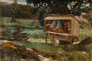 Ernst Josephson, "Sommarlandskap med bikupor" (Summer landscape with beehives).