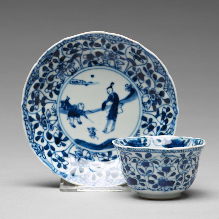 A set of four matched blue and white cups and saucers, Qing dynasty, Kangxi (1662-1722).