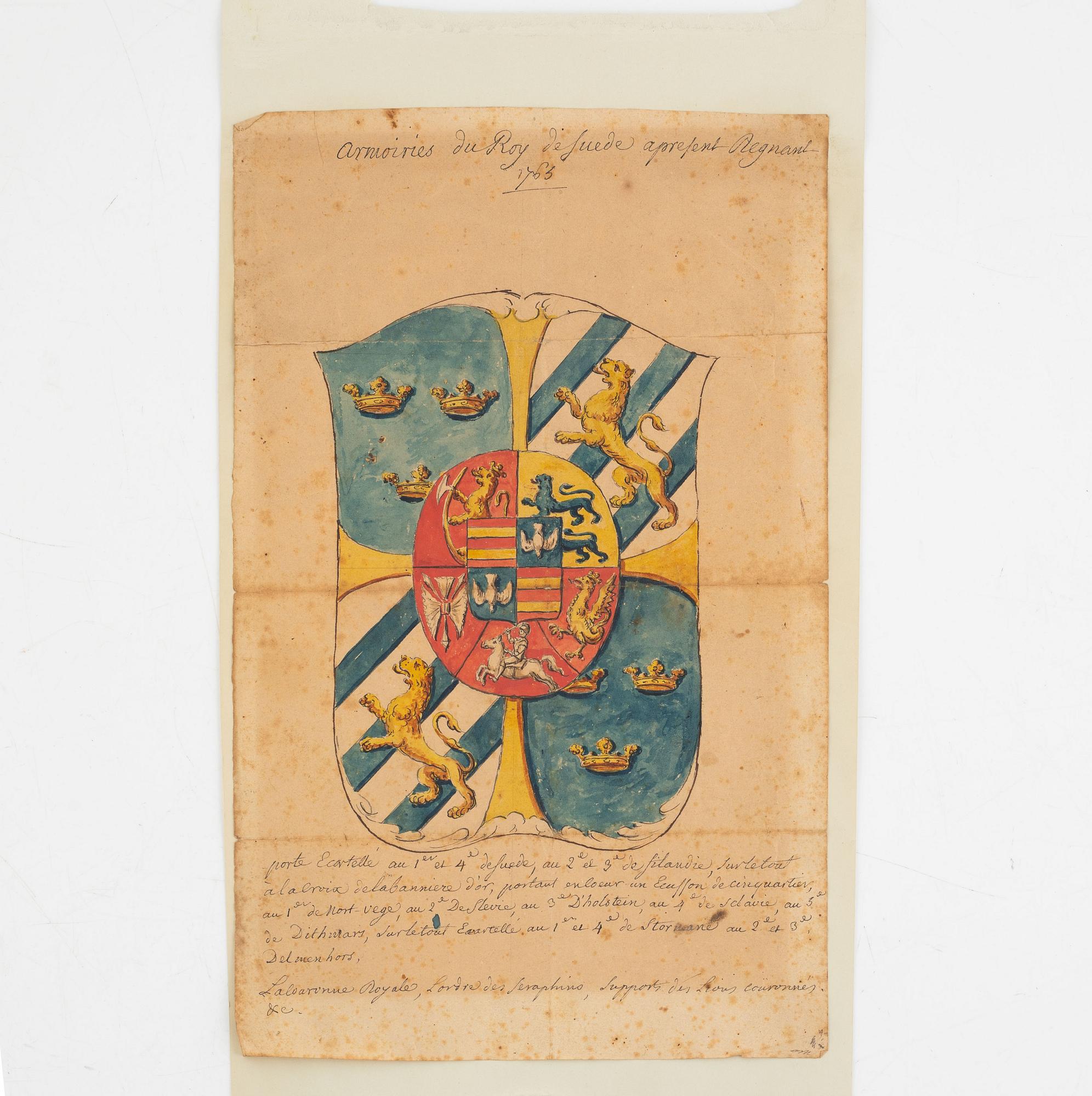 Akvarell, Sveriges Riksvapen, daterat 1765.