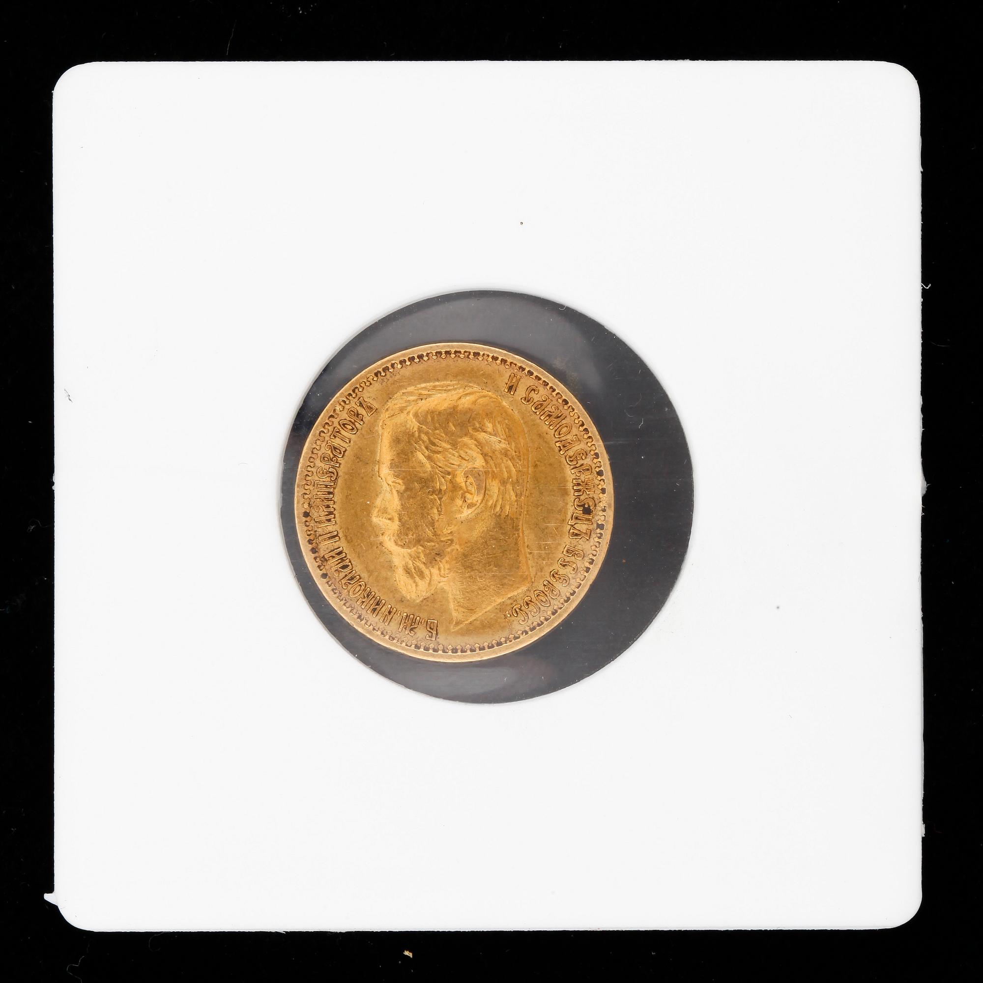 MYNT, guld, 5 rubel, Nikolaj II, Ryssland, 1898. Vikt ca 4,3g.