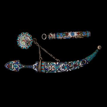 PENNHOLDER AND DECORATION KNIFE. silver and enamel, St.Petersburg 1896-1907.