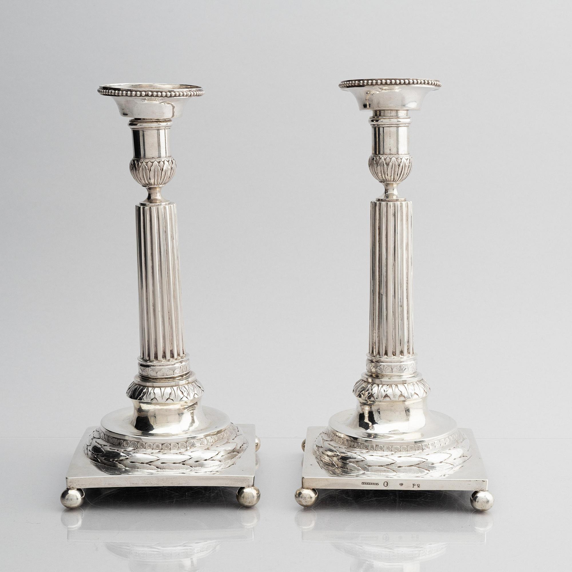 A pair of Swedish 18th century silver candelsticks, marks of Pehr Zethelius, Stockholm 1797.