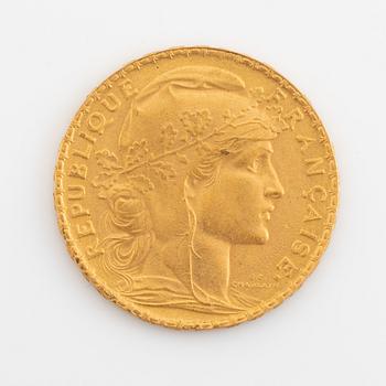 A French gold coin, 20 Francs, 1913.