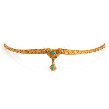 A 14K gold necklace set with turquoises.