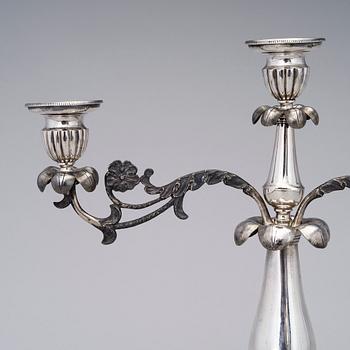 A THREE LIGHT SILVER CANDELABRA, Johan Lindroos, Kristinestad 1852, weight 898 g.