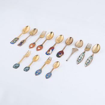 Anton Michelsen, Christmas cutlery, 13 pieces, gilded sterling silver and enamel, Denmark.