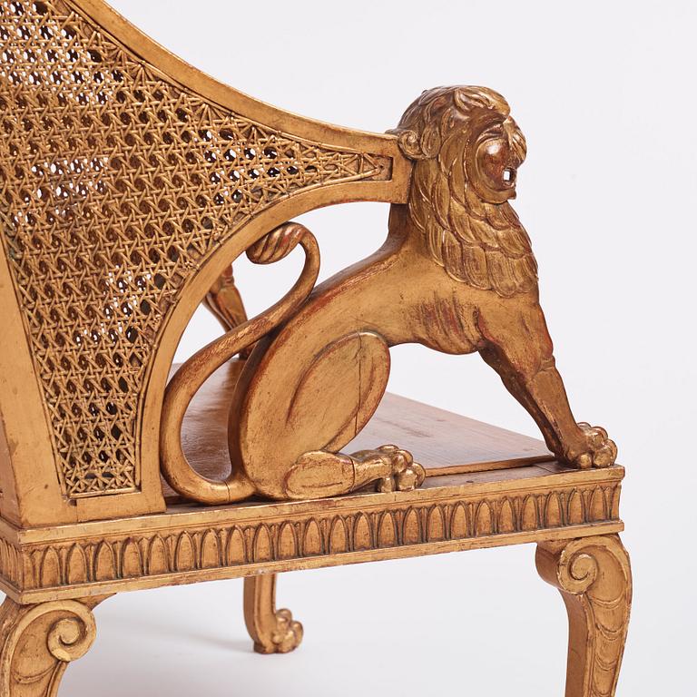 Helge Werner, a pair of gilt and carved Swedish Grace armchairs, ca 1920-30s.