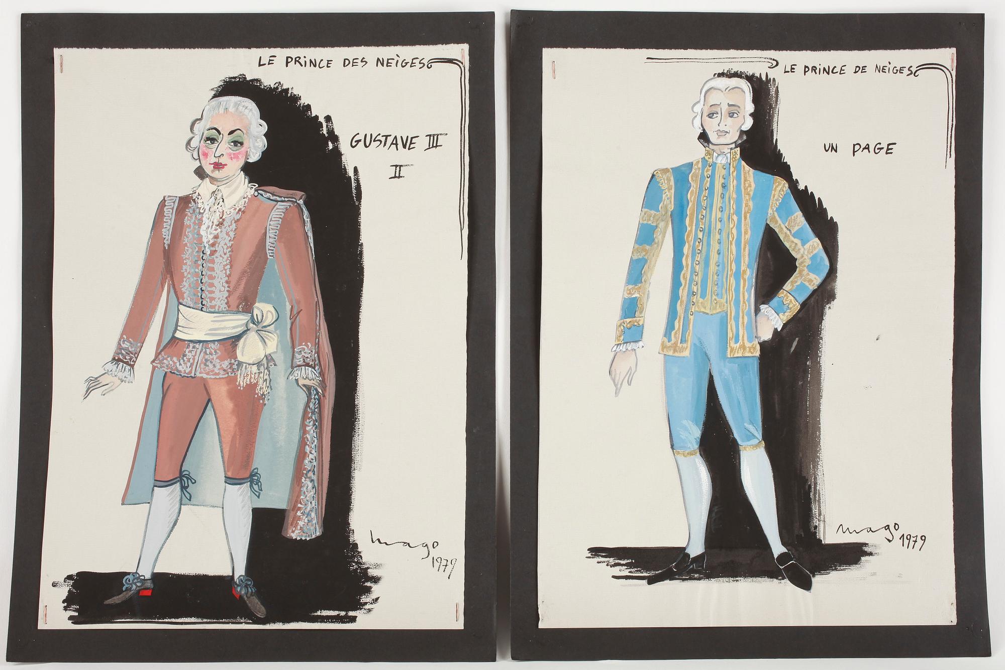 MAX GOLDSTEIN (MAGO), akvarellteckningar/kostymskisser/blyertsteckningar, ca 70 st, bl a 1960-tal, delvis signerade.