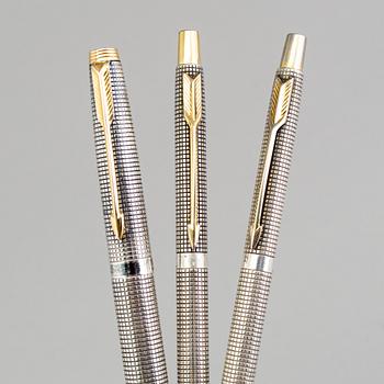 Three pens by Parker, silver.
