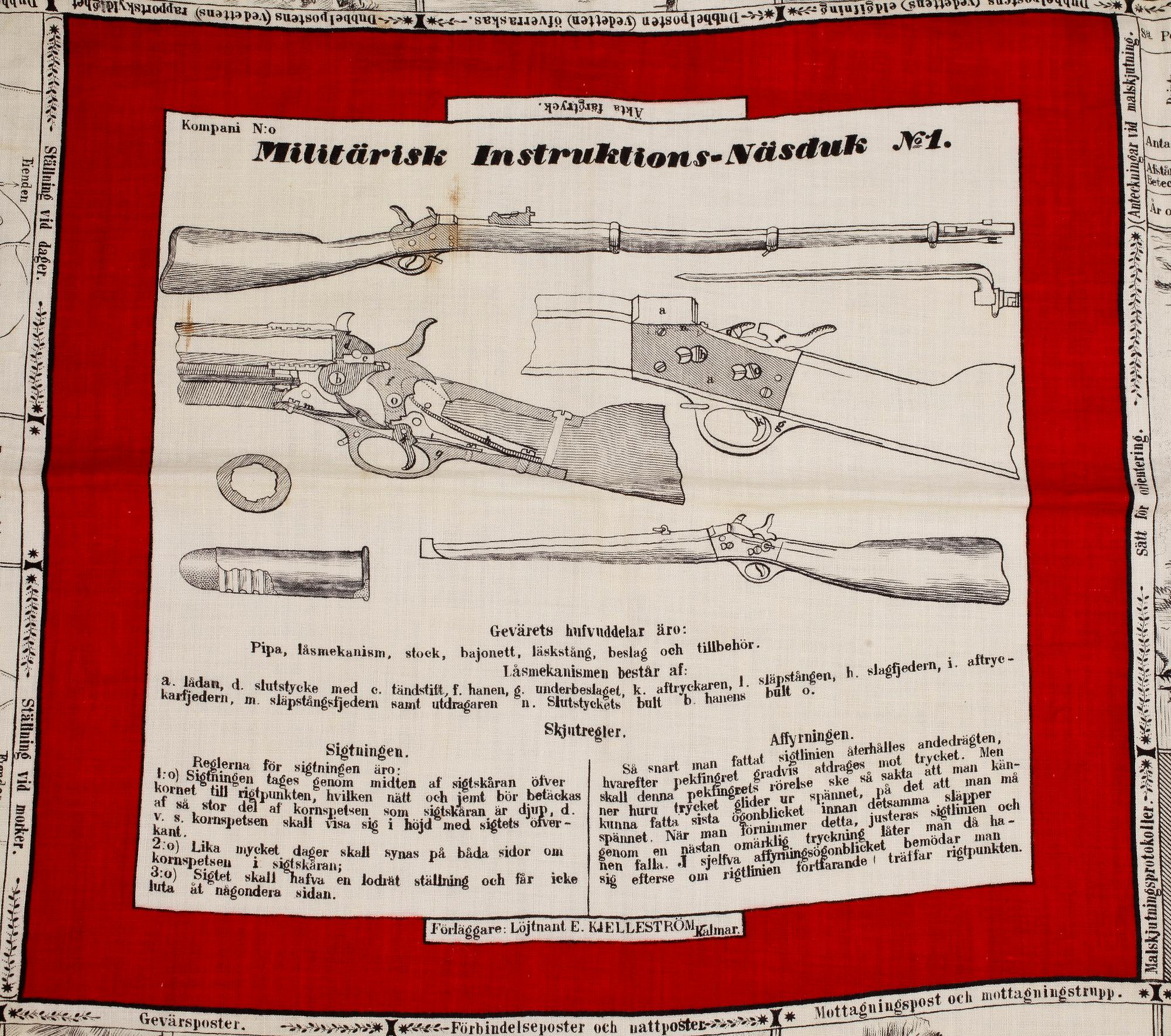 MILITÄRISK INSTRUKTIONS-NÄSDUK med äkta färgtryck, 1800-tal.