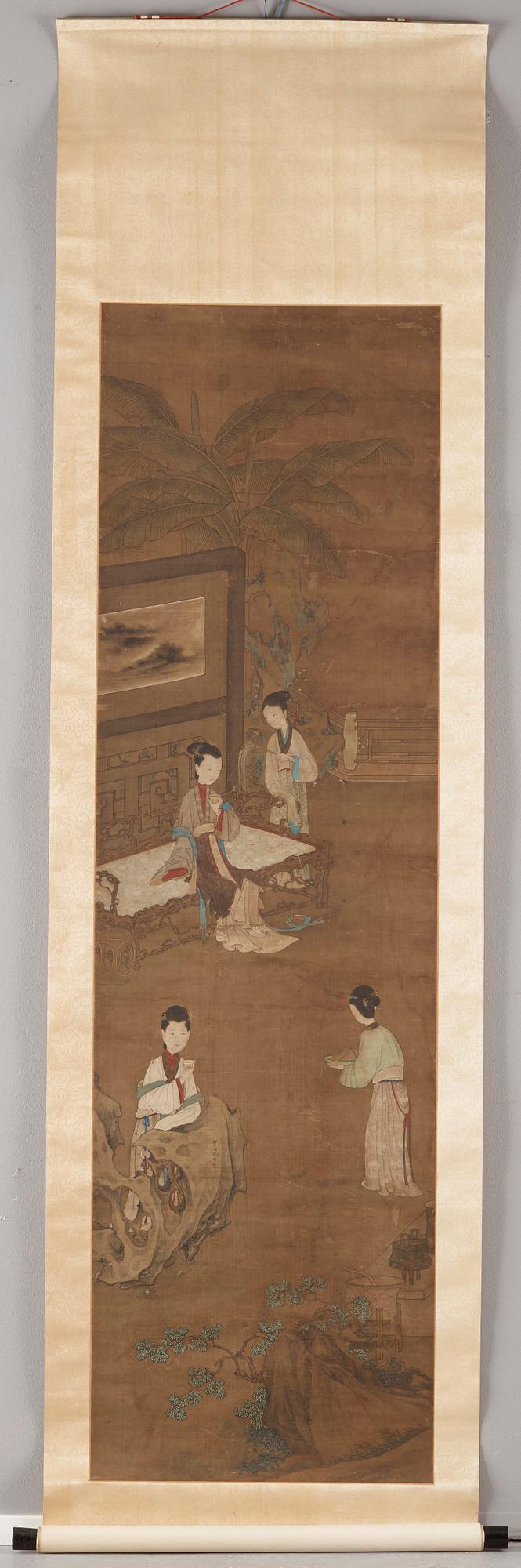 RULLMÅLNING, trädgårdscen med damer och tjänarinnor, i Qiu Yings (c 1494-1551) stil, Qingdynastin, 1800-tal.