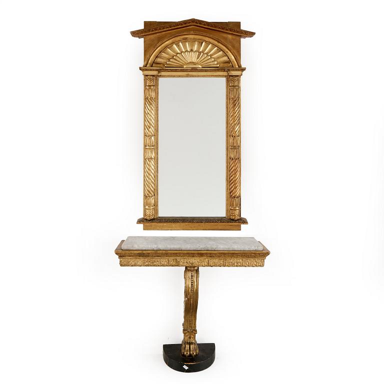 SPEGEL MED KONSOLBORD, sannolikt Stockholmsarbete, empire. 1820-30-tal.