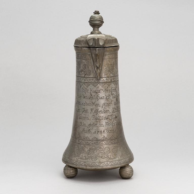 A German pewter ewer, with inscription 1744.