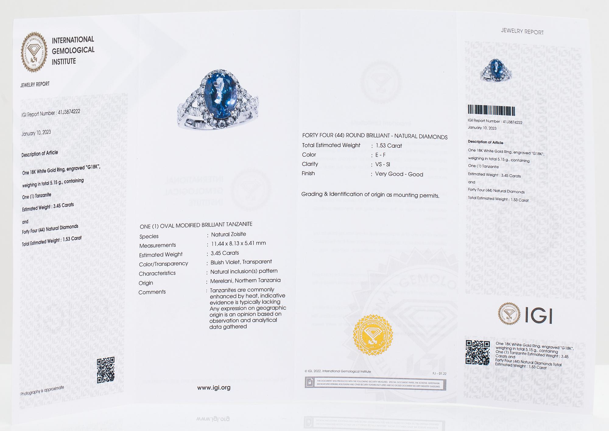An 18K white gold ring with a ca. 3.45 ct tanzanite and diamonds ca 1.53 ct in total. IGI certificate.