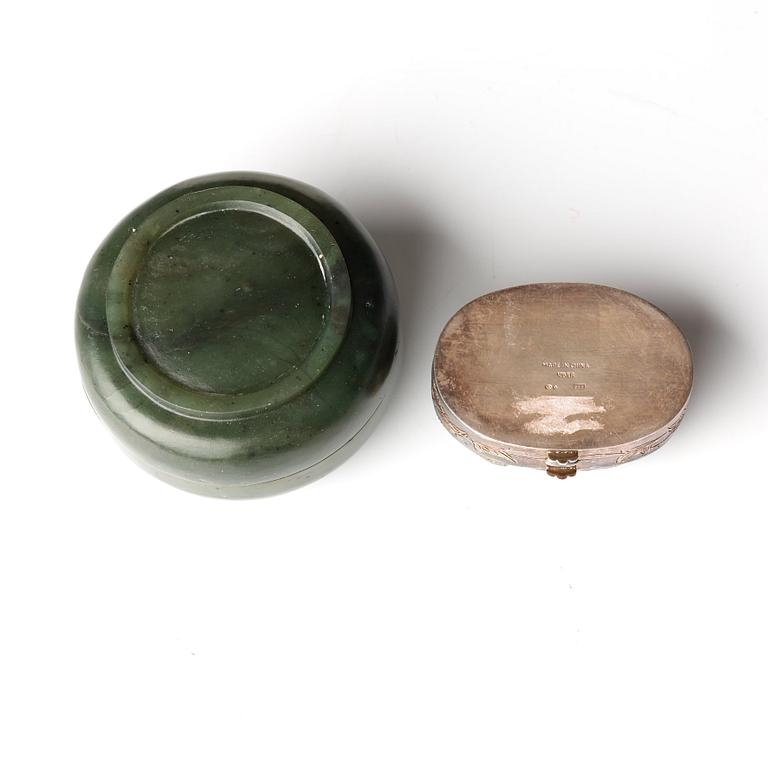 Two Chinese nephrite boxes, one with silver mount.