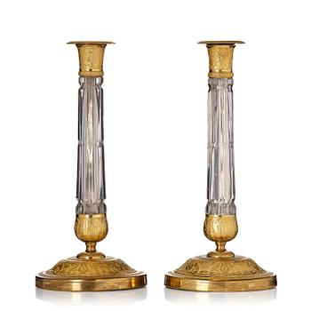 122. A pair of Russian ormolu and cut-glass Empire candlesticks, presumably St Petersburg, ca 1820.