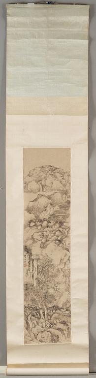 A hanging scroll of a rocky mountain landscape, late Qing dynasty copy after Wu Li (1632-1718).