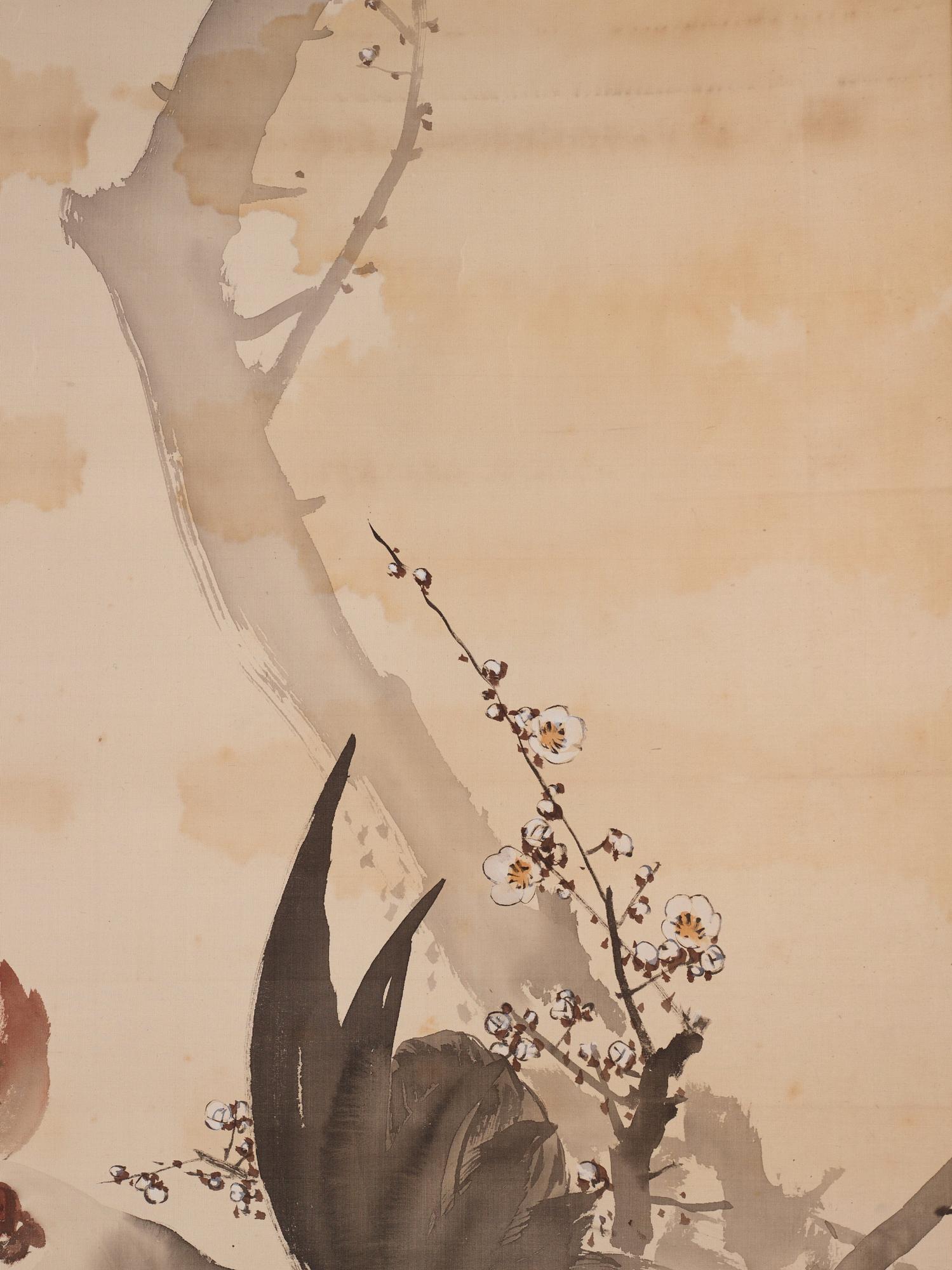 Rullmålningar, två stycken, tusch och färg på papper, Japan, tidigt 1900-tal. Samarbete mellan två konstnärer.