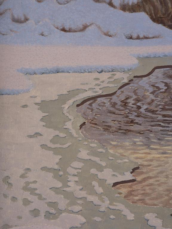 Gustaf Fjaestad, Winter landscape with sunlit watercourse.