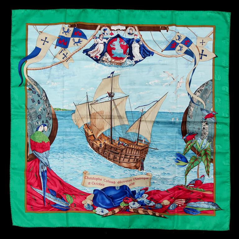 SCARF, siden, "Christophe Colomb Decouvre l'Amerique", Carl De Parcevaux, Hermès, Paris. 1900/2000-tal.