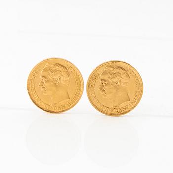 Gold coins 2 pcs 10 kr Frederik VIII, Denmark 1909.