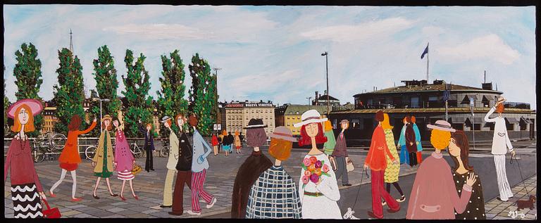 Marika Lang, mixed media on printed canvas, signed.