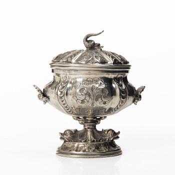 Sugar bowl, cream jug, tray, cup and miniature sugar tongs, silver, including William Mammatt & Son, Sheffield 1896.