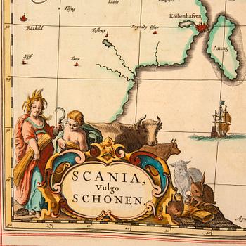 Johannes Janssonius, after, map Scania Sweden, hand colored copper engraving.