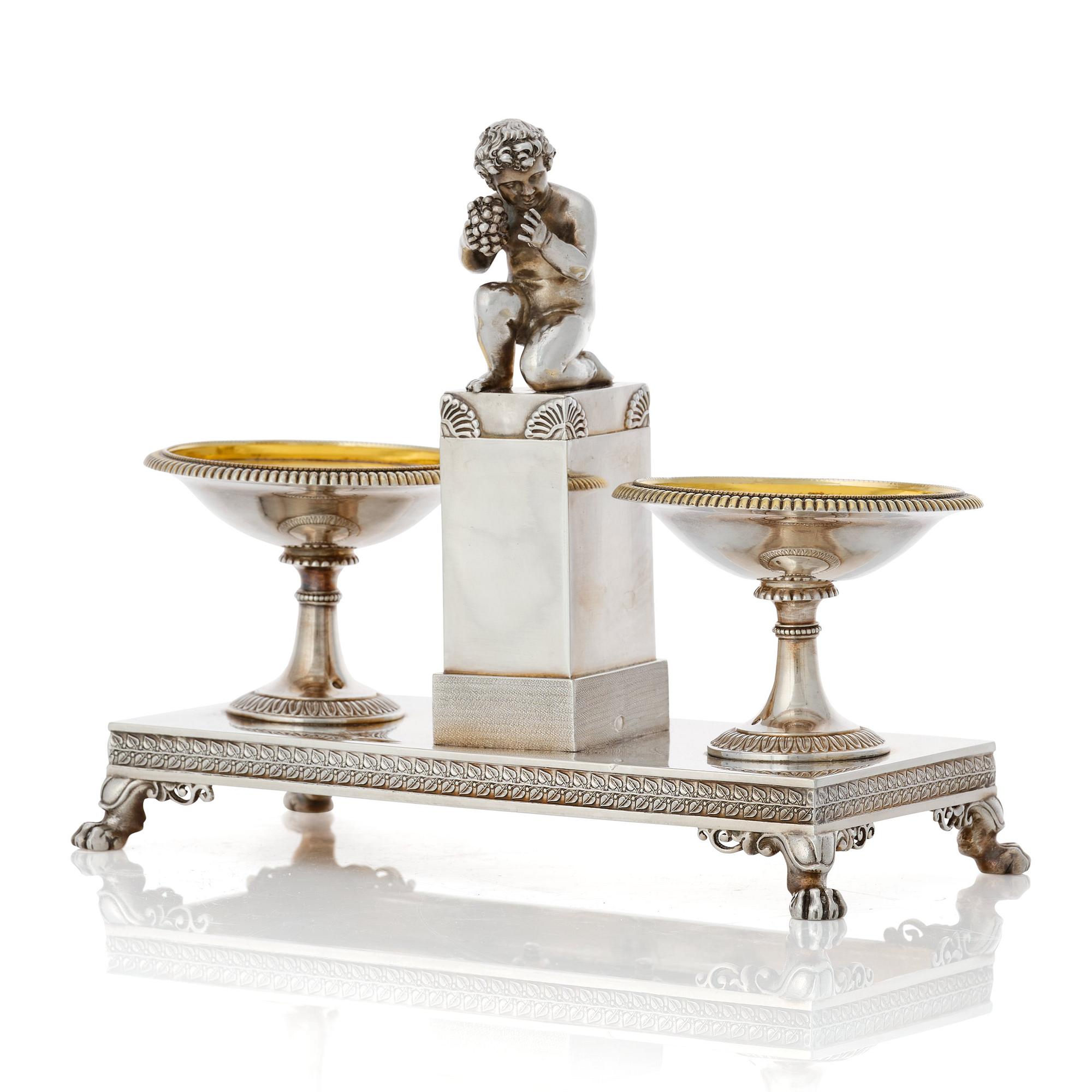 A French Empire parcel-gilt silver double salt-cellar, mark of Jean-Baptiste-Claude Odiot, Paris 1803-1809.