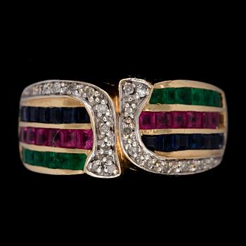 RING, 14k guld med fasettslipade safirer, rubiner, smaragder och mindre briljantslipade diamanter. Vikt ca 5,5g.
