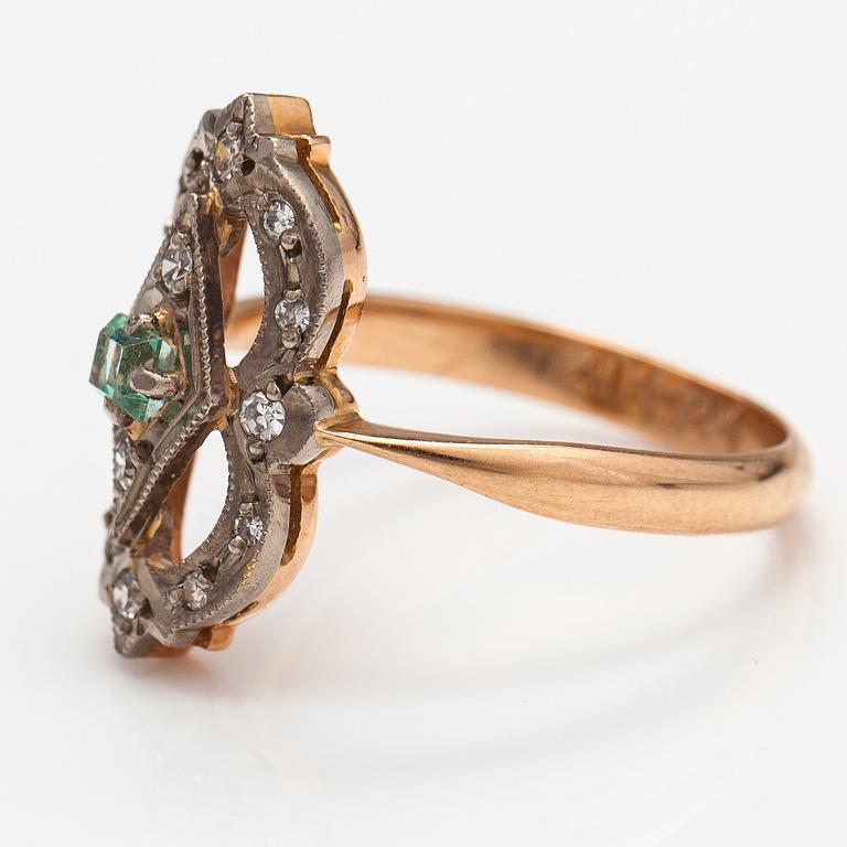 A 14K gold ring with an beryl and diamonds ca. 0.55 ct in total. Soviet union.
