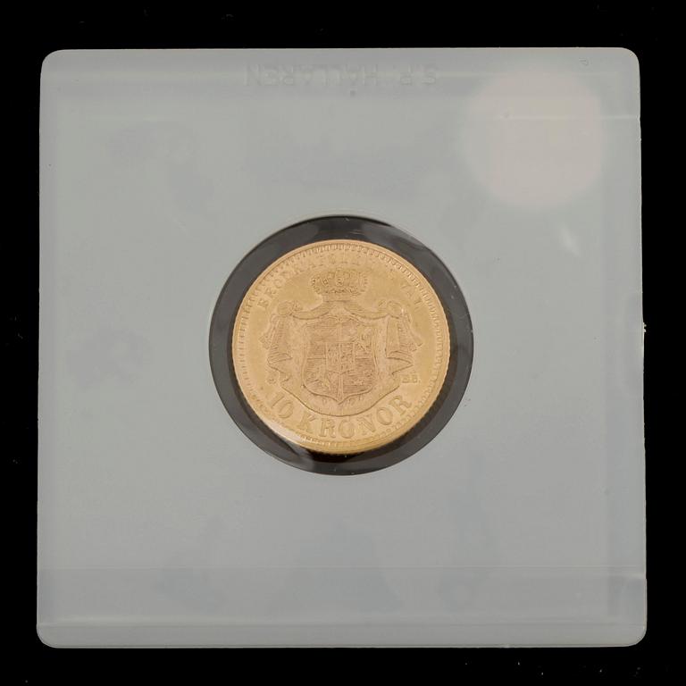 GULDMYNT, 10 Kronor, Oscar II, Sverige-Norge 1877. Vikt ca 4 gram.
