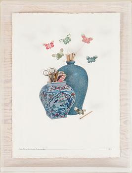 BARTON LIDICE BENES, collage/blandteknik på papper i plexilåda, signerad Barton Lidice Benes & daterad 1987 med blyerts.