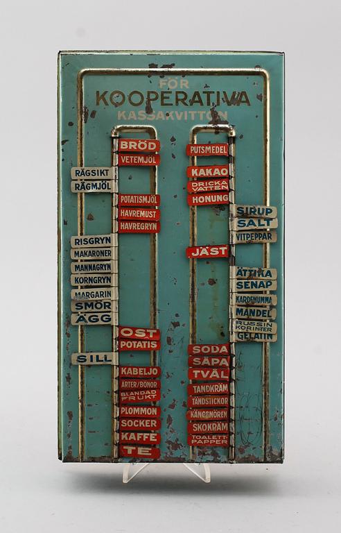 INKÖPSTAVLA TILL HUSHÅLLET, plåt, 1930/40-tal.