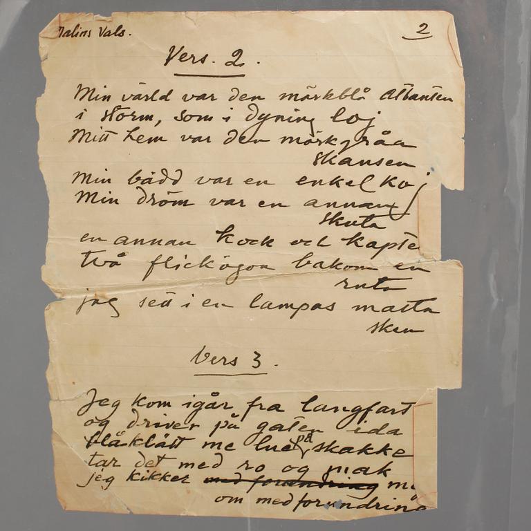 EVERT TAUBE, teckning samt låttext, 3 delar, 2 blad signerade.