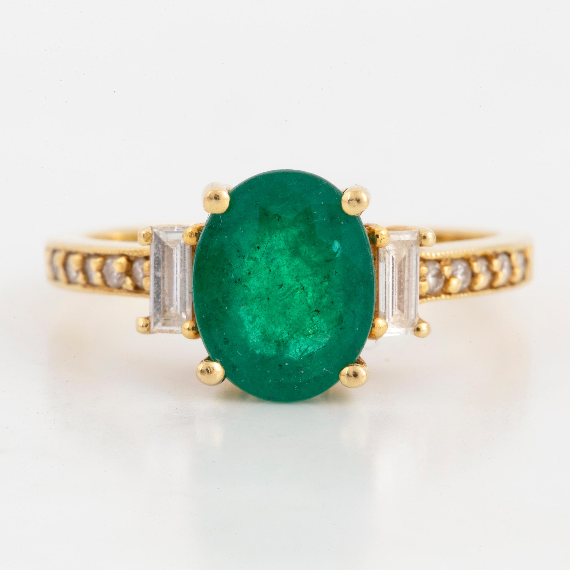 Emerald, baguette and brilliant-cut diamond ring.