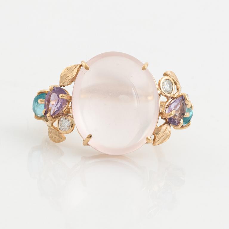 Ring with cabochon-cut rose quartz, amethyst, apatite, and brilliant-cut diamonds.