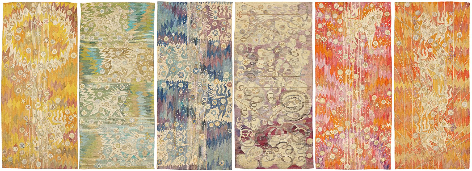 Barbro Nilsson, TAPESTRIES, 6 pieces, tapestry variant, signed AB MMF BN (AB Märta Måås-Fjetterström, Barbro Nilsson). (6).