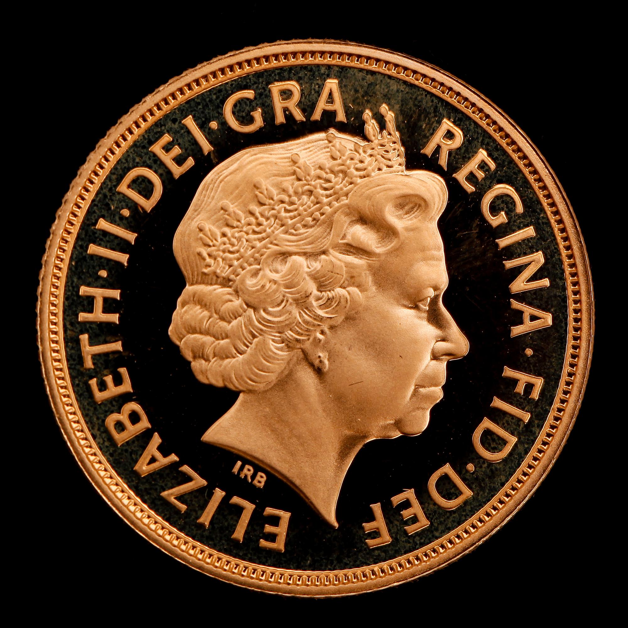 GULDMYNT, finguld, sovereign, Elizabeth II, 2005. Vikt ca 8 g.