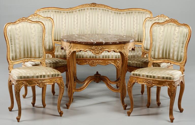SALONGSGRUPP, 6 delar, rokokostil, 1900-talets mitt.