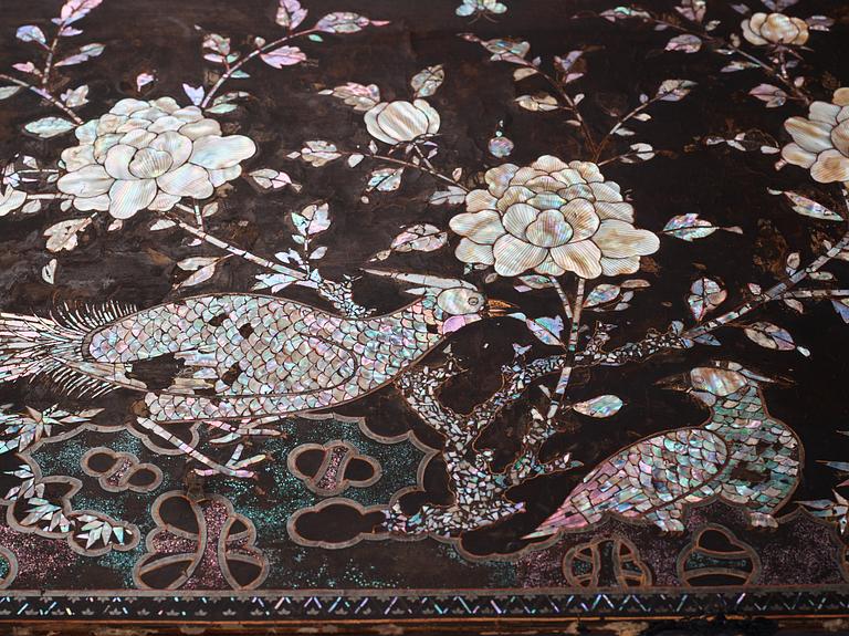 A  Chinese black lacquered altar table with mother of pearl inlay, 17th /18th Century.