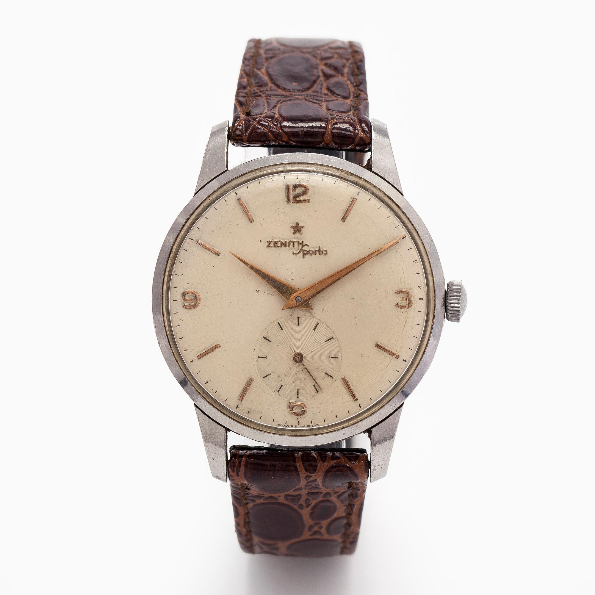 Zenith, Sporto, Oversize, rannekello, 37 mm, teräs, manuaalinen, pleksilasi, 1950-luku.