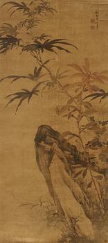 A hanging scroll of a grasshopper in a garden, Qing dynasty.