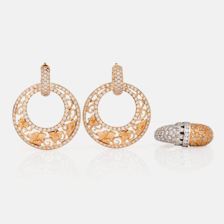 A pair of Carrera Y Carrera brilliant-cut diamond earrings and a ring.