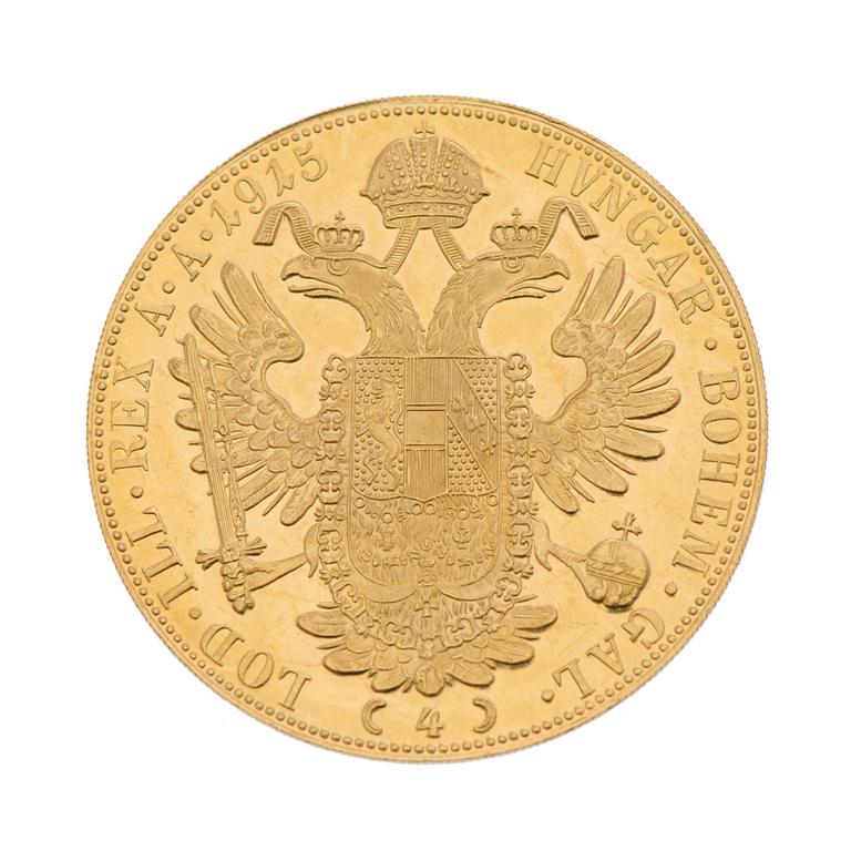 GOLDCOIN, 4 ducat, ca 23 k, FRANZ JOSEPH I 1915, Austria-Hungary. Weight ca 14 g.