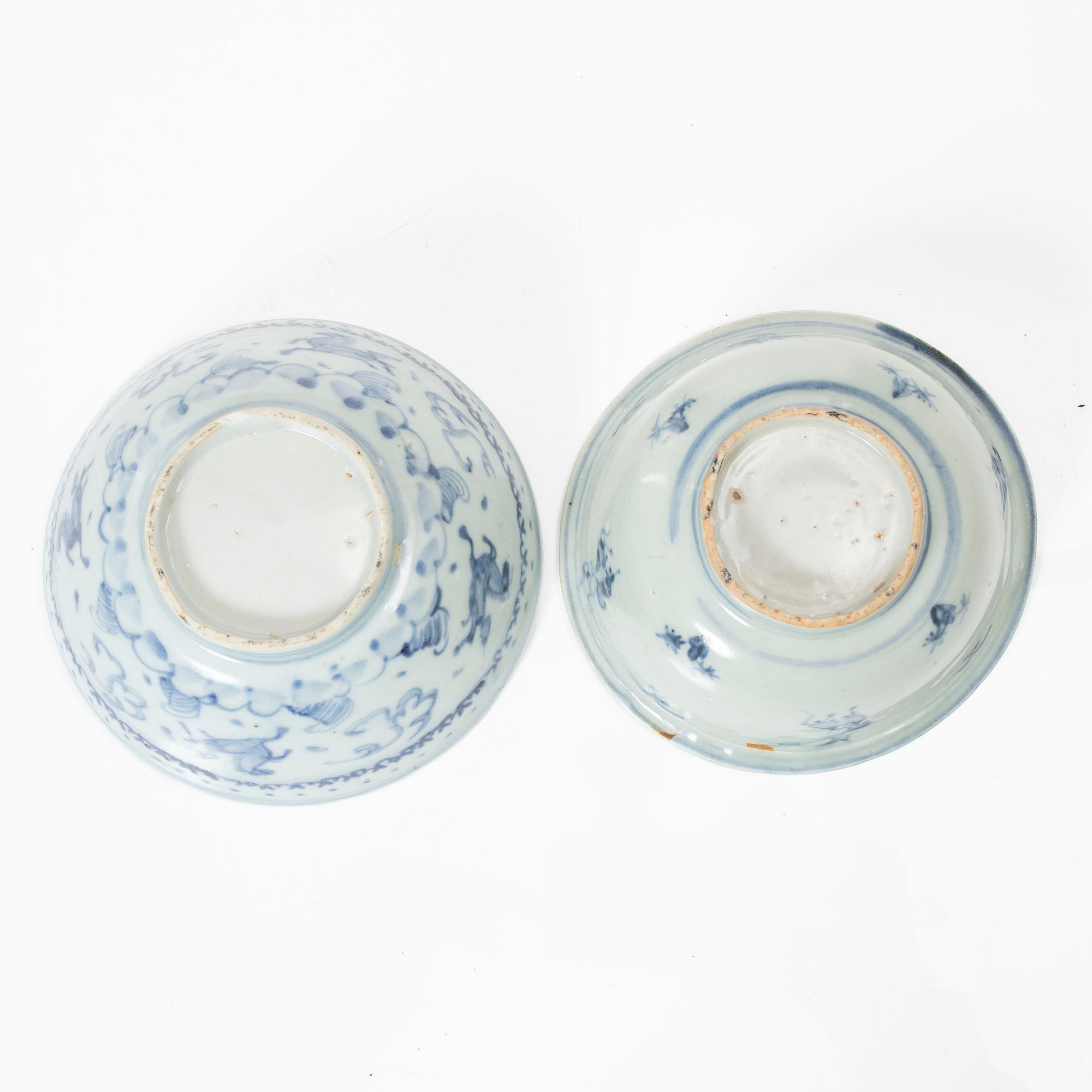 A group of four blue and white porcelain bowls, made for the Southeast Asian market, Ming and Qing dynasty.