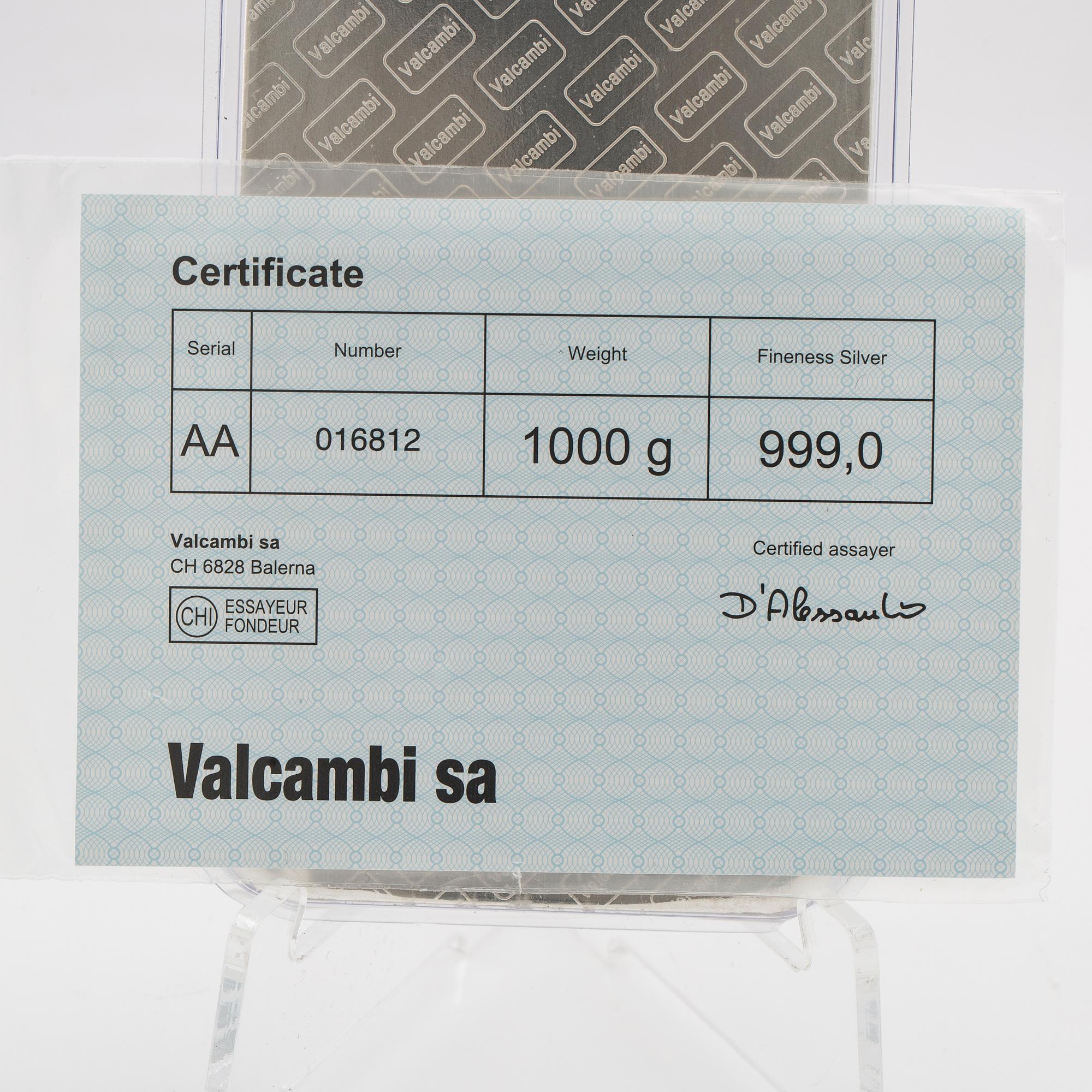 Silver bar 1kg 999 Valcambi Suisse.